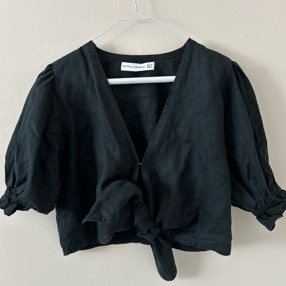 Faithfull The Brand Womens Jamais Cropped Tie-Front Linen Top Black Sz 4